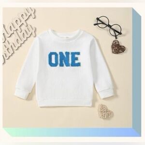 Kids White 'ONE' Sweatshirt with Blue Lettering